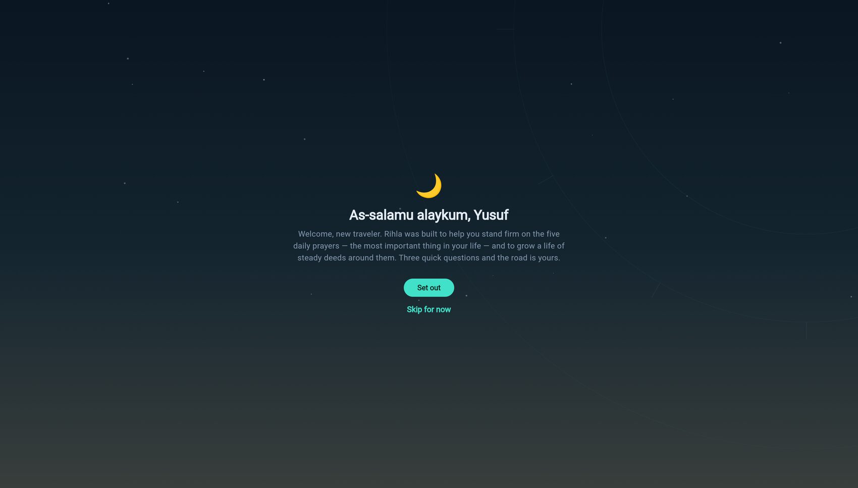 The welcome screen of a new traveler under a crescent moon